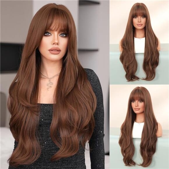 WIGS Long Wavy Brown Wig with Bangs 32in Chocolate Reddish Brown Heat